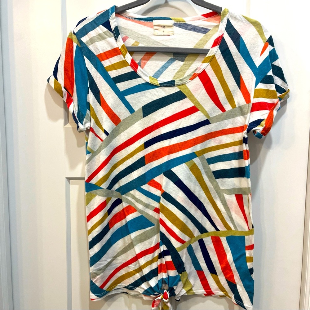 Anthropologie t.la Top Women’s Sz S Multicolor Striped Rolled Sleeve Tie Front